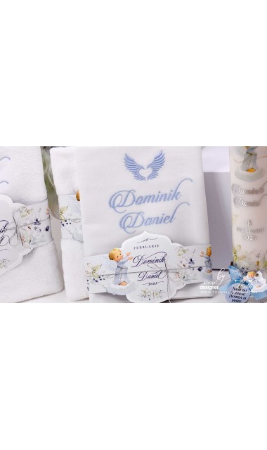 Trusou botez cu ingeri si flori de bumbac personalizat pentru baieti Ingerul Albastru 14